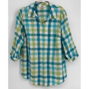 Alia Womens Plaid Button Up Blouse Teal Green 3/4 Sleeve Collared Top Sz 18W
